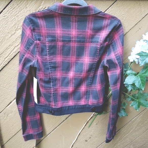 Rare HUDSON jean’s black & red buffalo check denim Jean Jacket Sz S Stretch - Picture 4 of 13
